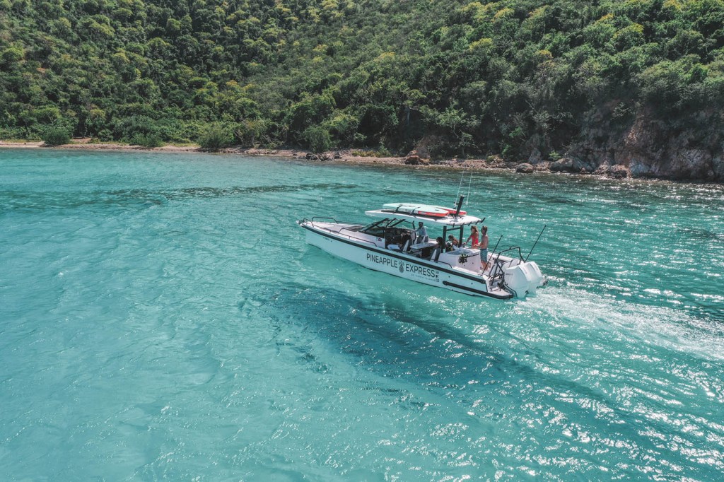 Motorboat with passengers travels on clear turquoise water near a forested island coast.