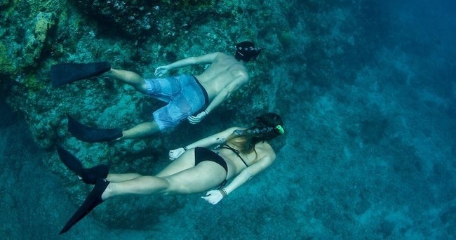 Two snorkelers swimming underwater near a coral reef.