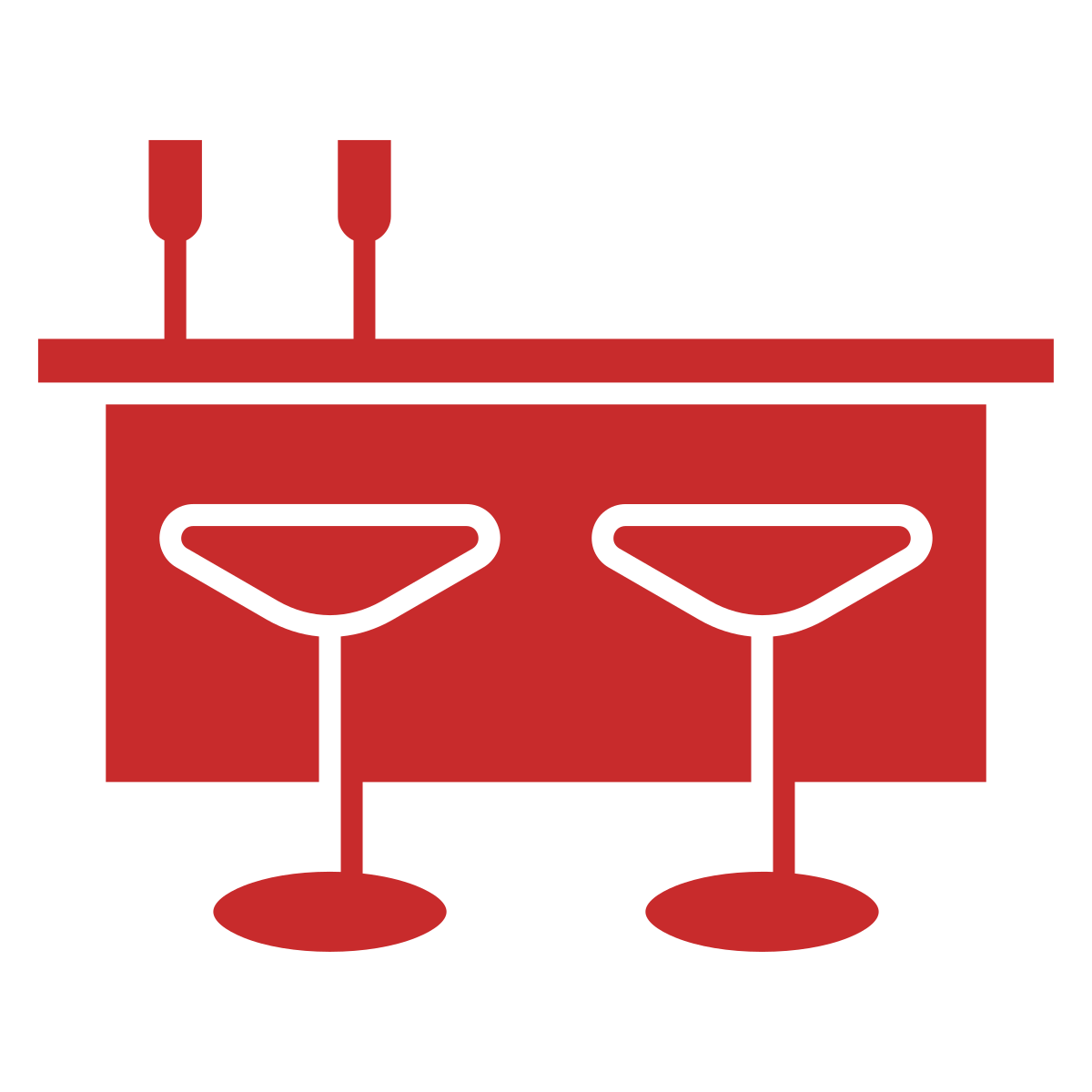 Red icon of a bar counter with two stools and two glasses on top.