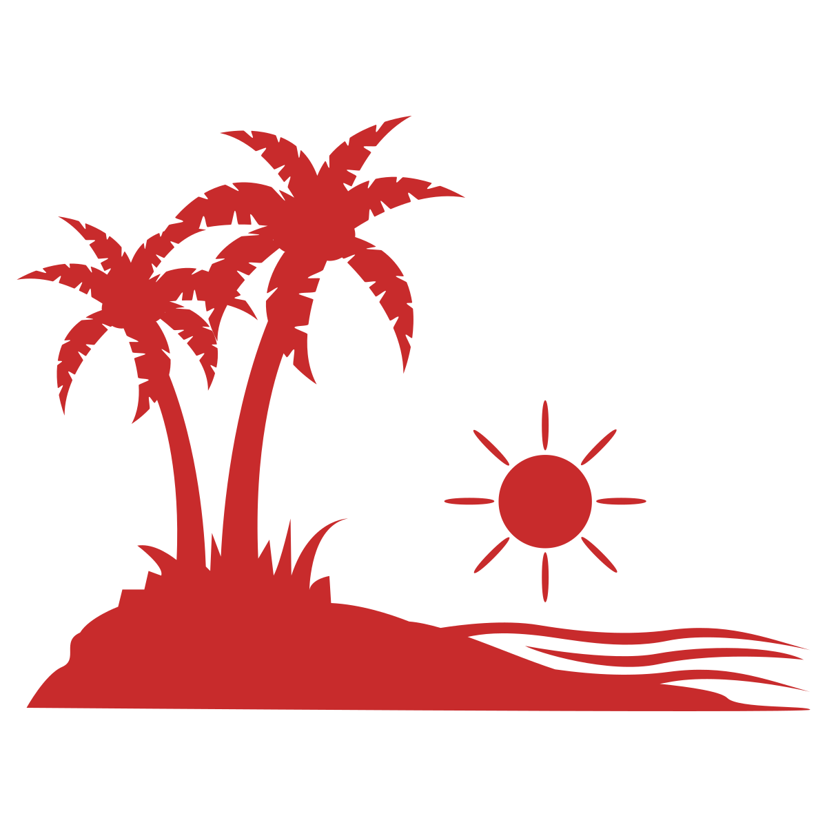 Red silhouette of palm trees, sun, and waves on a small hill.