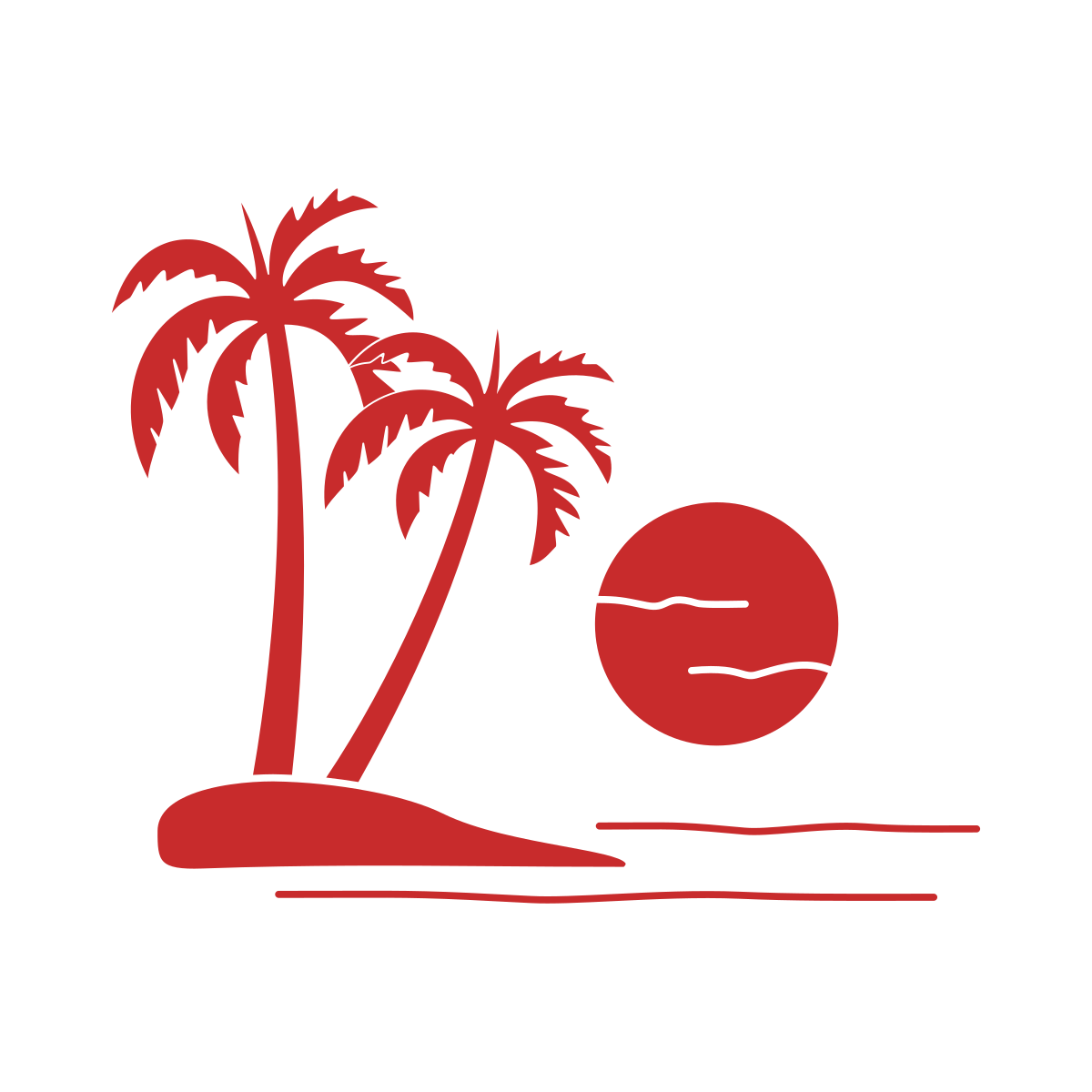 Red silhouette of two palm trees on an island with a sun.