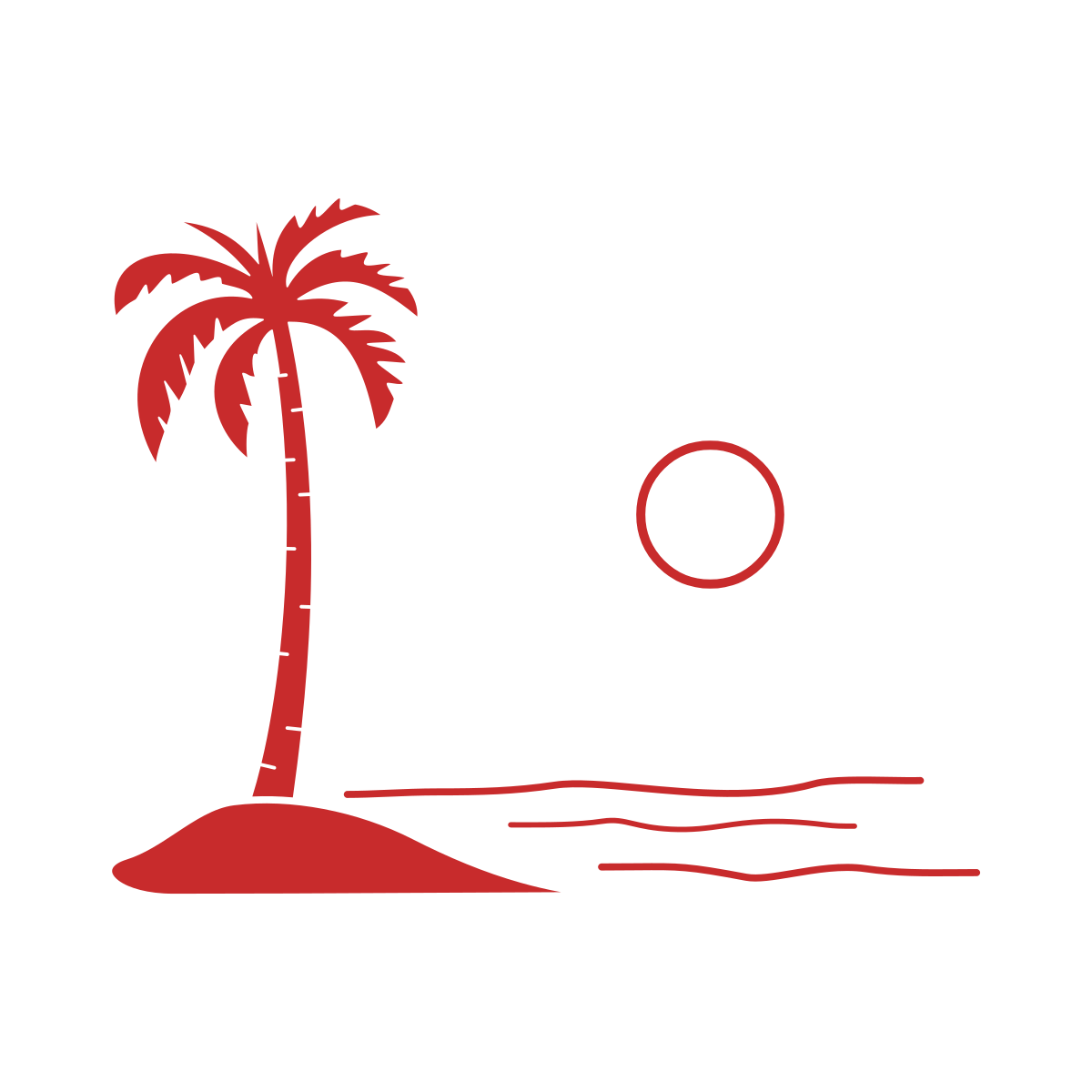 Red silhouette of a palm tree on an island with a sun and waves.