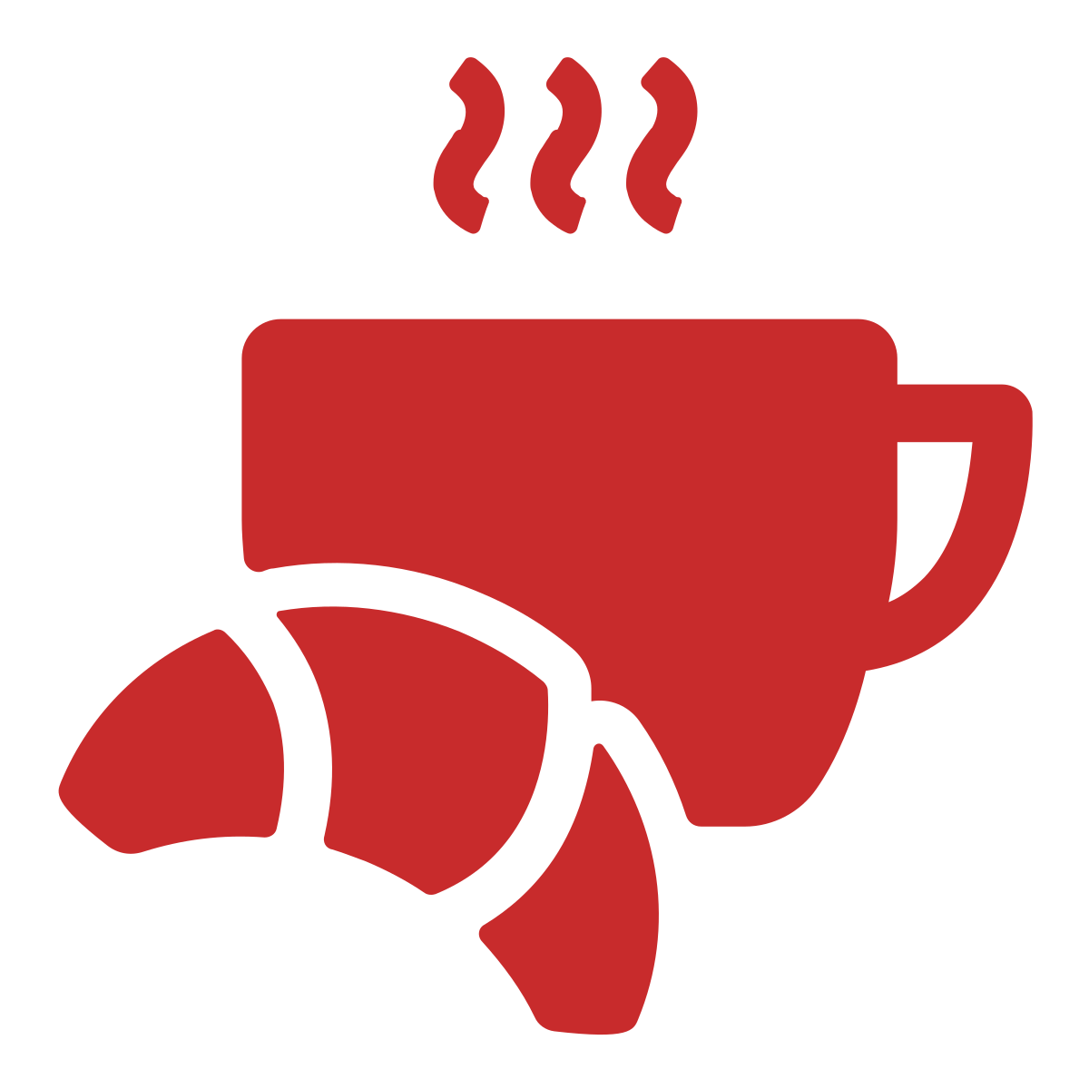 Red icon of a steaming coffee cup and croissant.