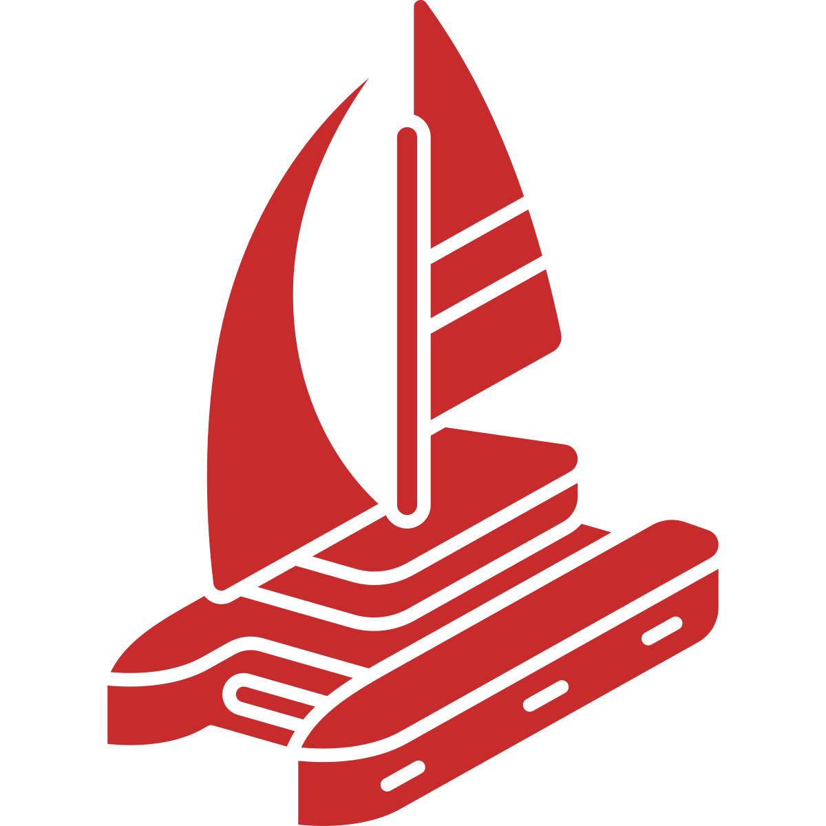 Red, stylized sailboat icon with two sails and a flat base