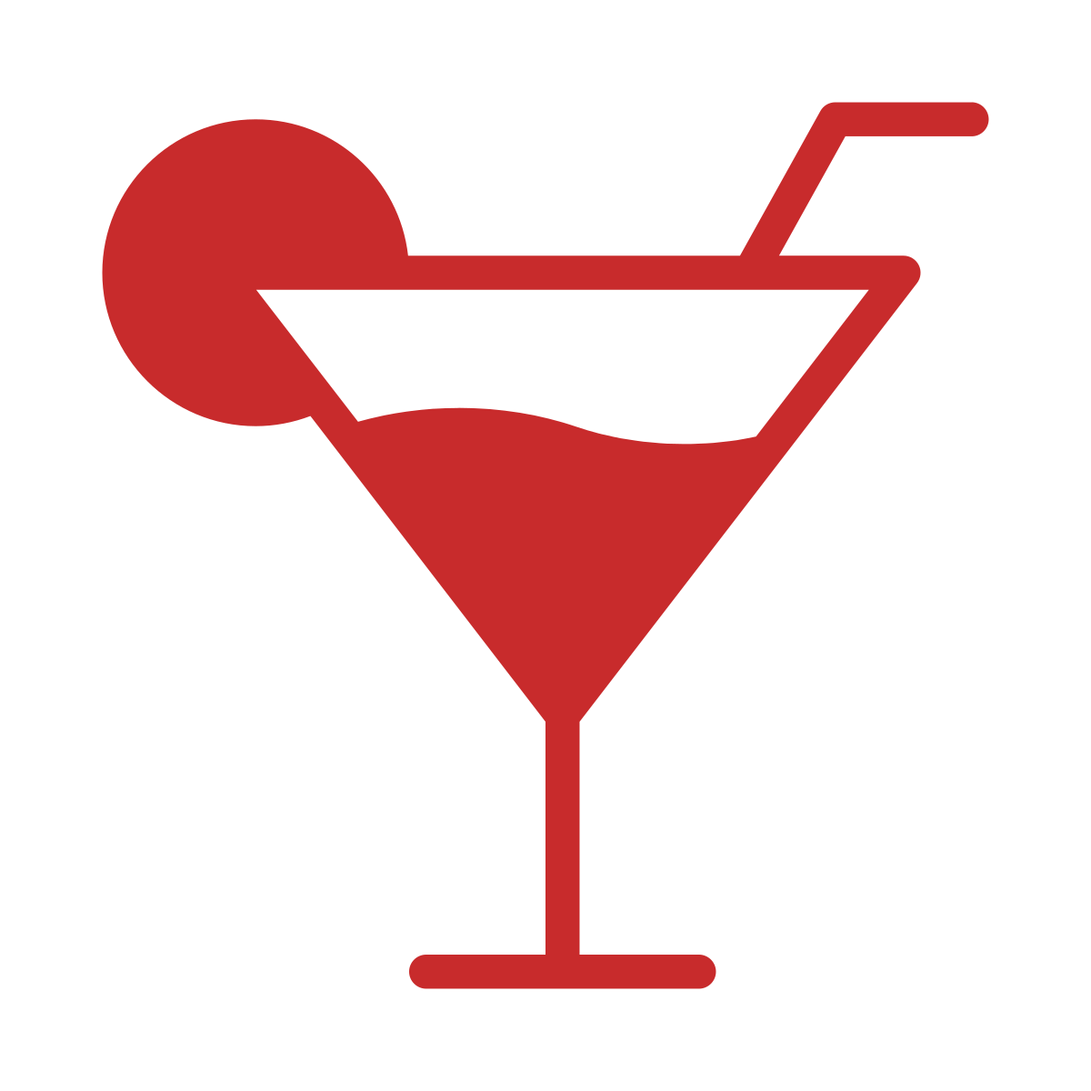 Red martini glass icon with a lemon slice and straw.