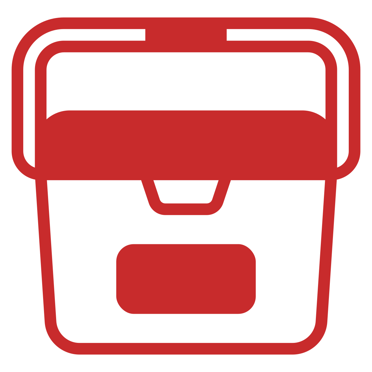 Red line drawing of a storage box with a handle on top.