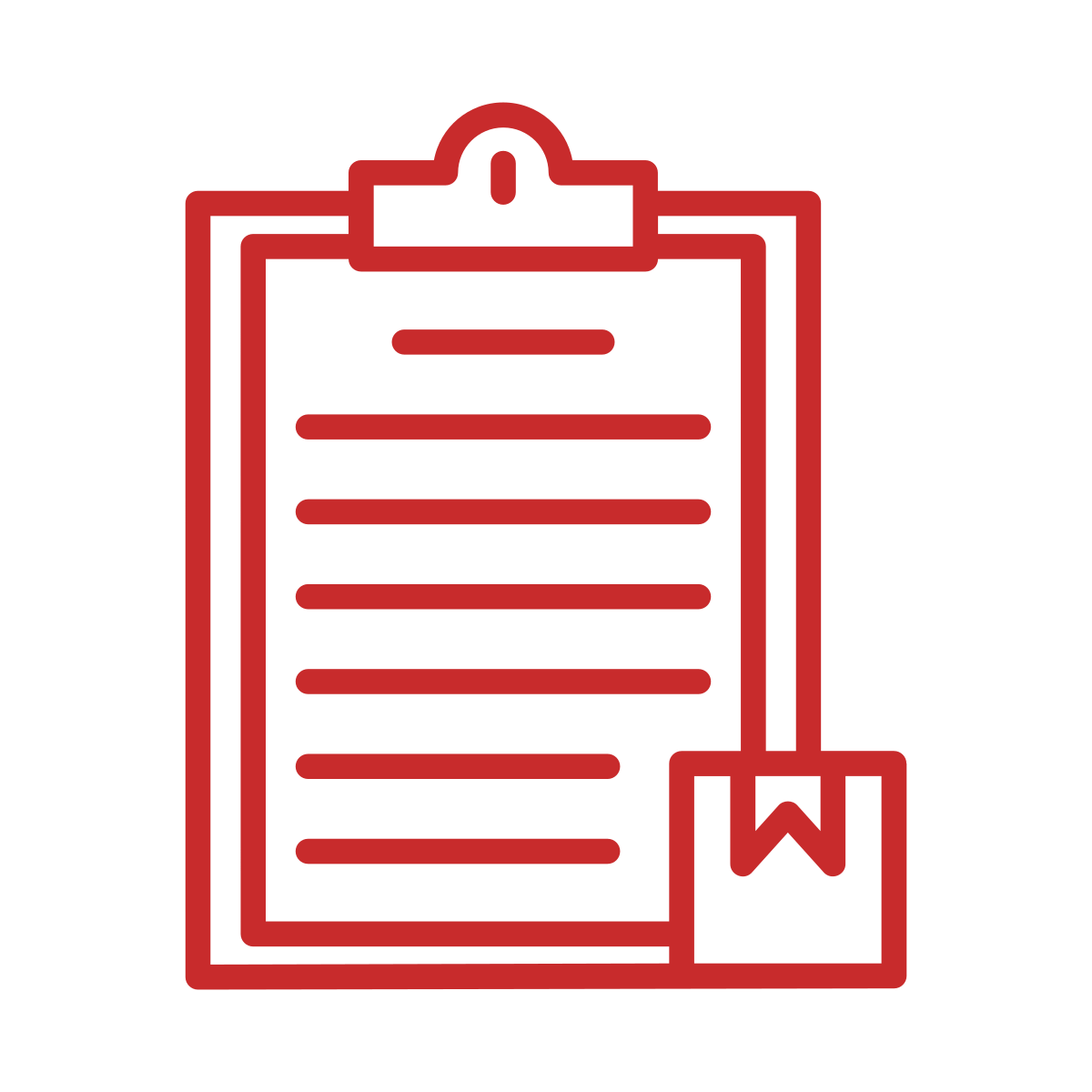 Red outline of a clipboard with paper and small box icon