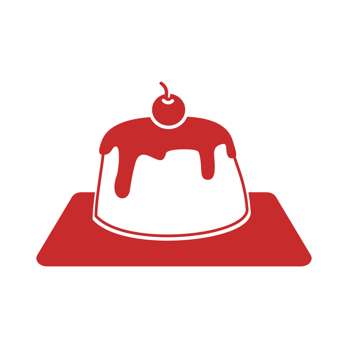 Red silhouette of a dessert with dripping sauce and a cherry on top.