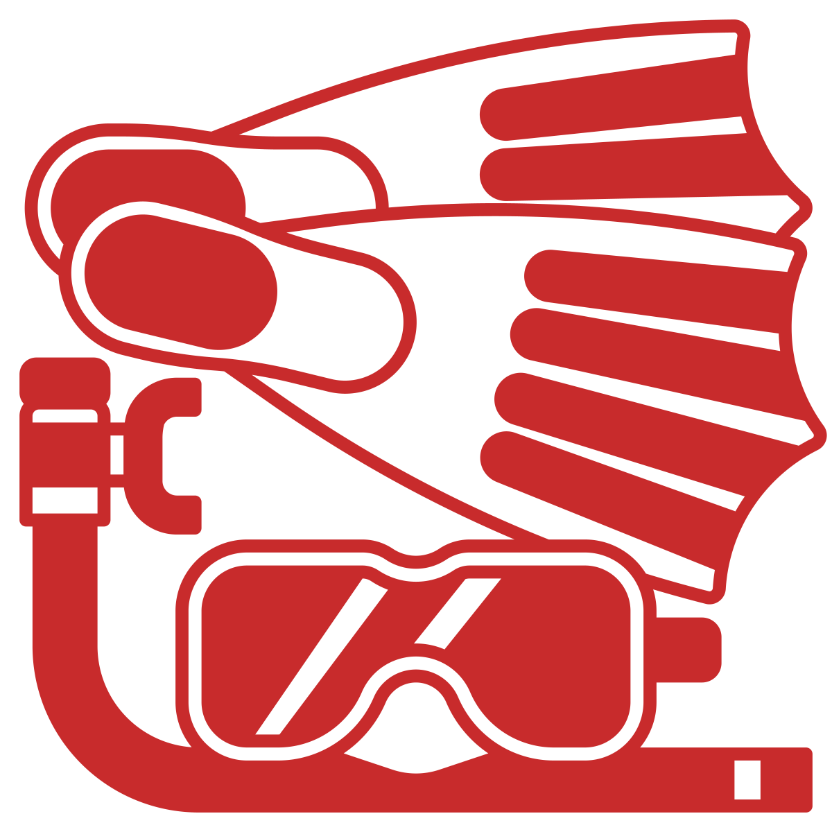 Red icon of diving gear: snorkel, mask, and flippers.