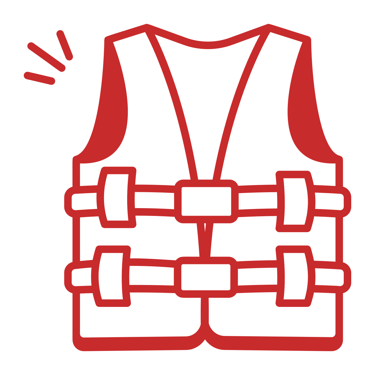 Red outline of a life jacket with three buckles, with two lines suggesting emphasis.
