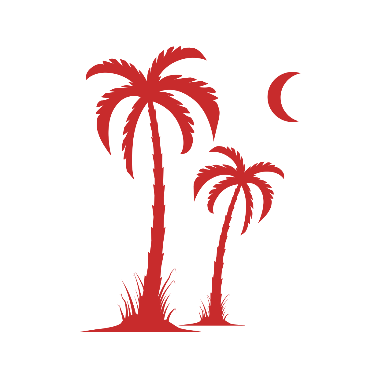Two red palm trees and a crescent moon on a green background.