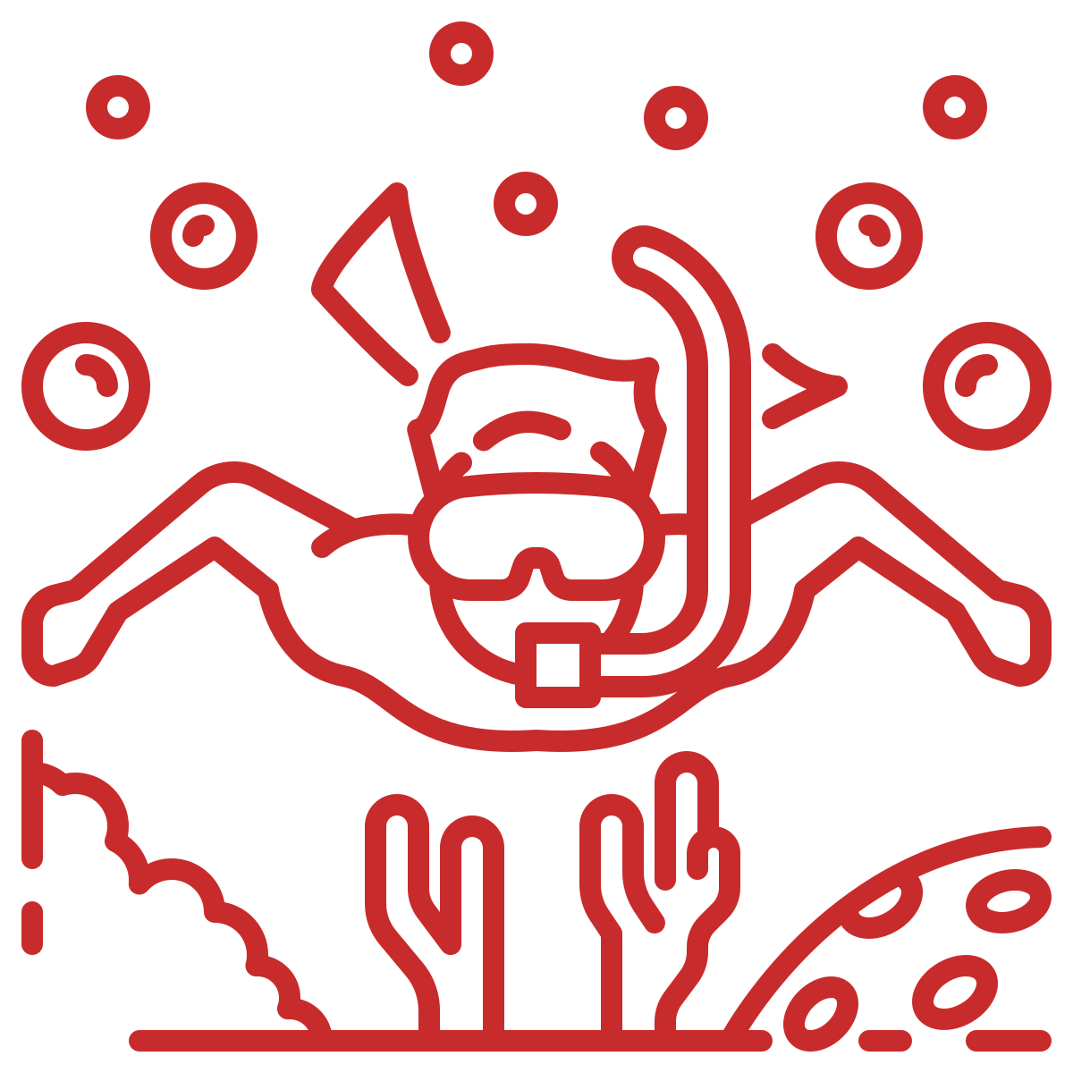 Line drawing of a snorkeler underwater with bubbles and coral.