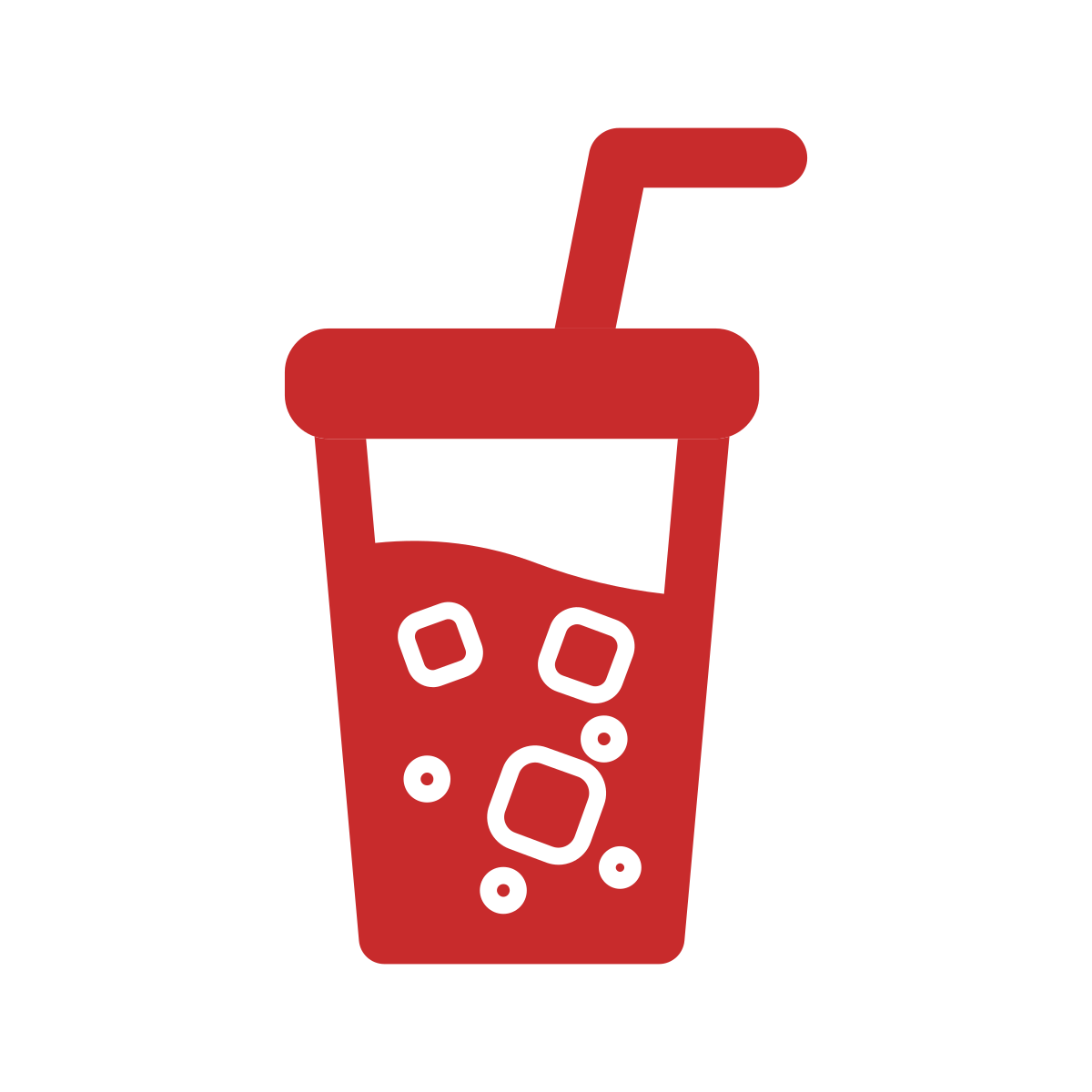 Red icon of a beverage cup with a straw and bubbles.