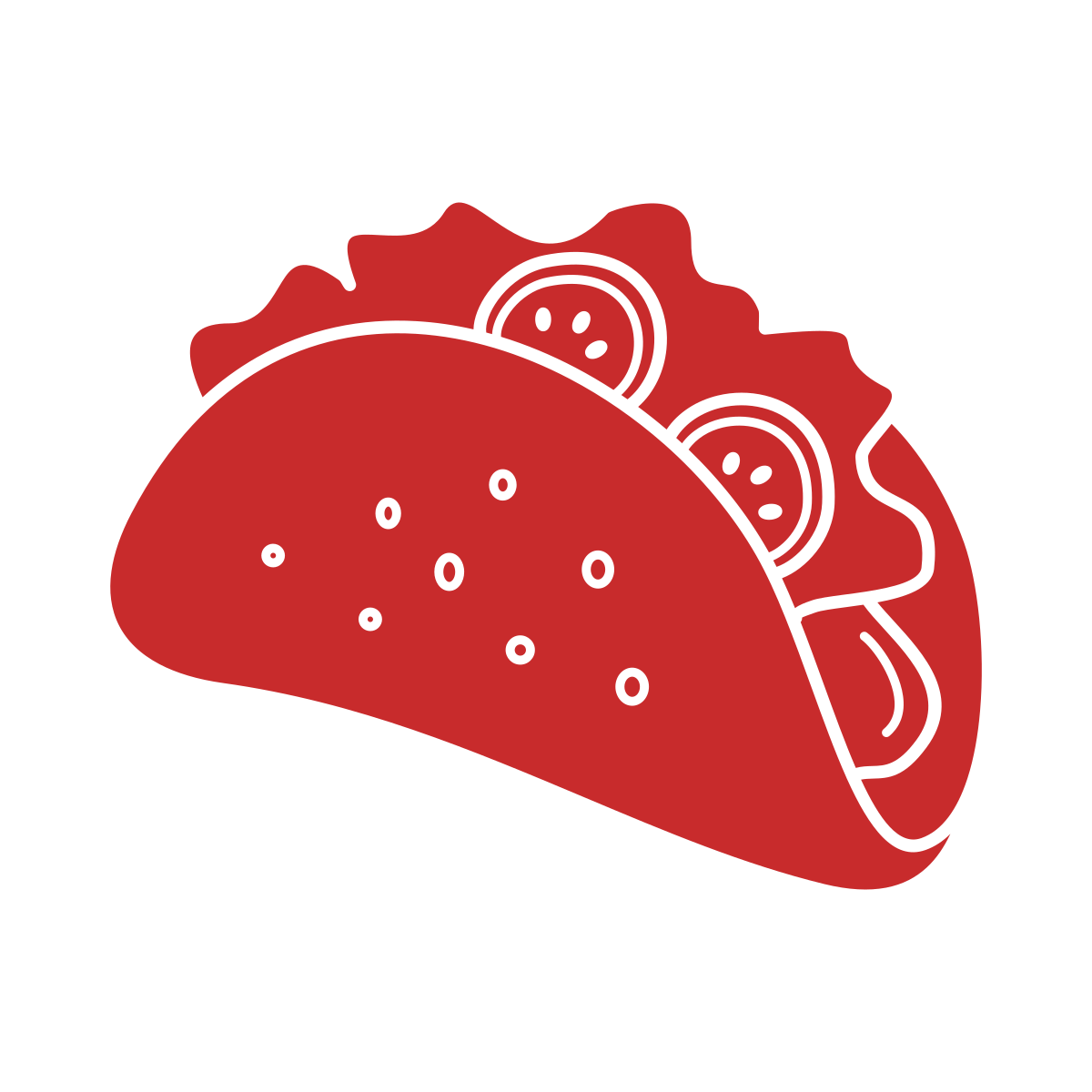 Simple red icon of a taco with visible lettuce and tomatoes.