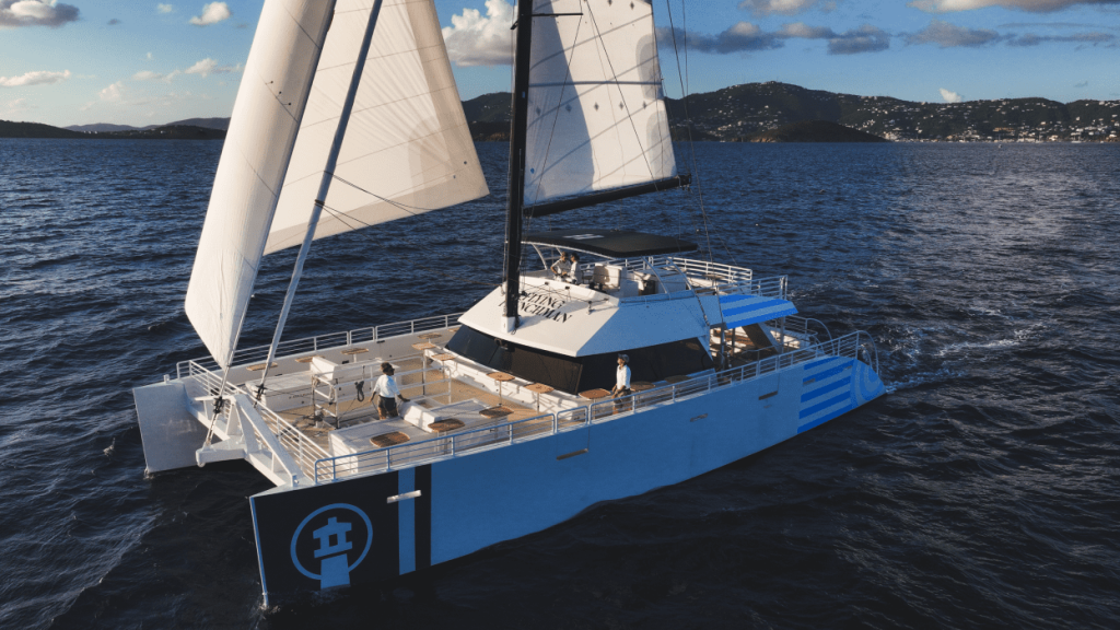 Large catamaran sailing on the ocean with mountains in the background under a blue sky.