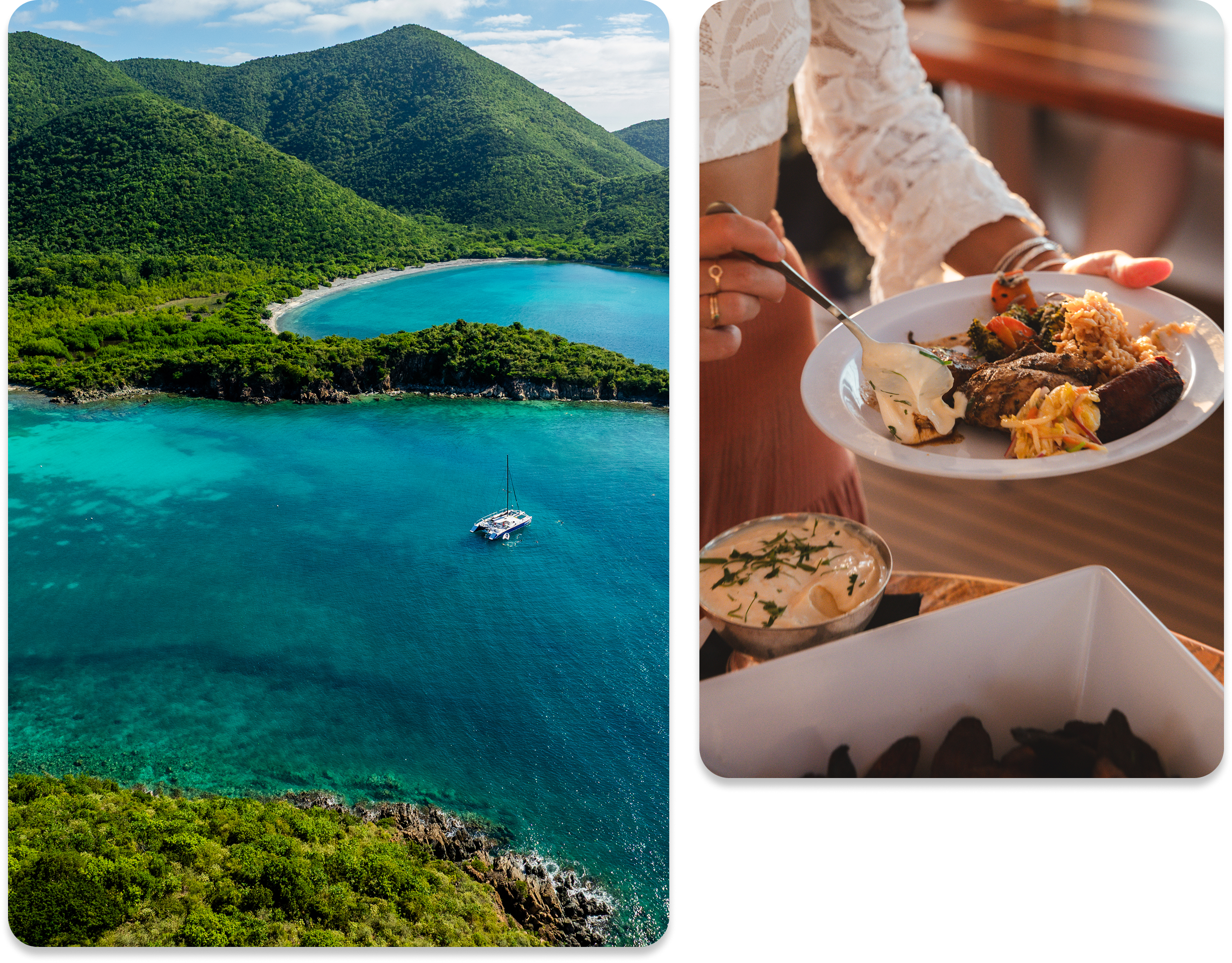 Tropical bay with sailboat; person serving food on a plate indoors.