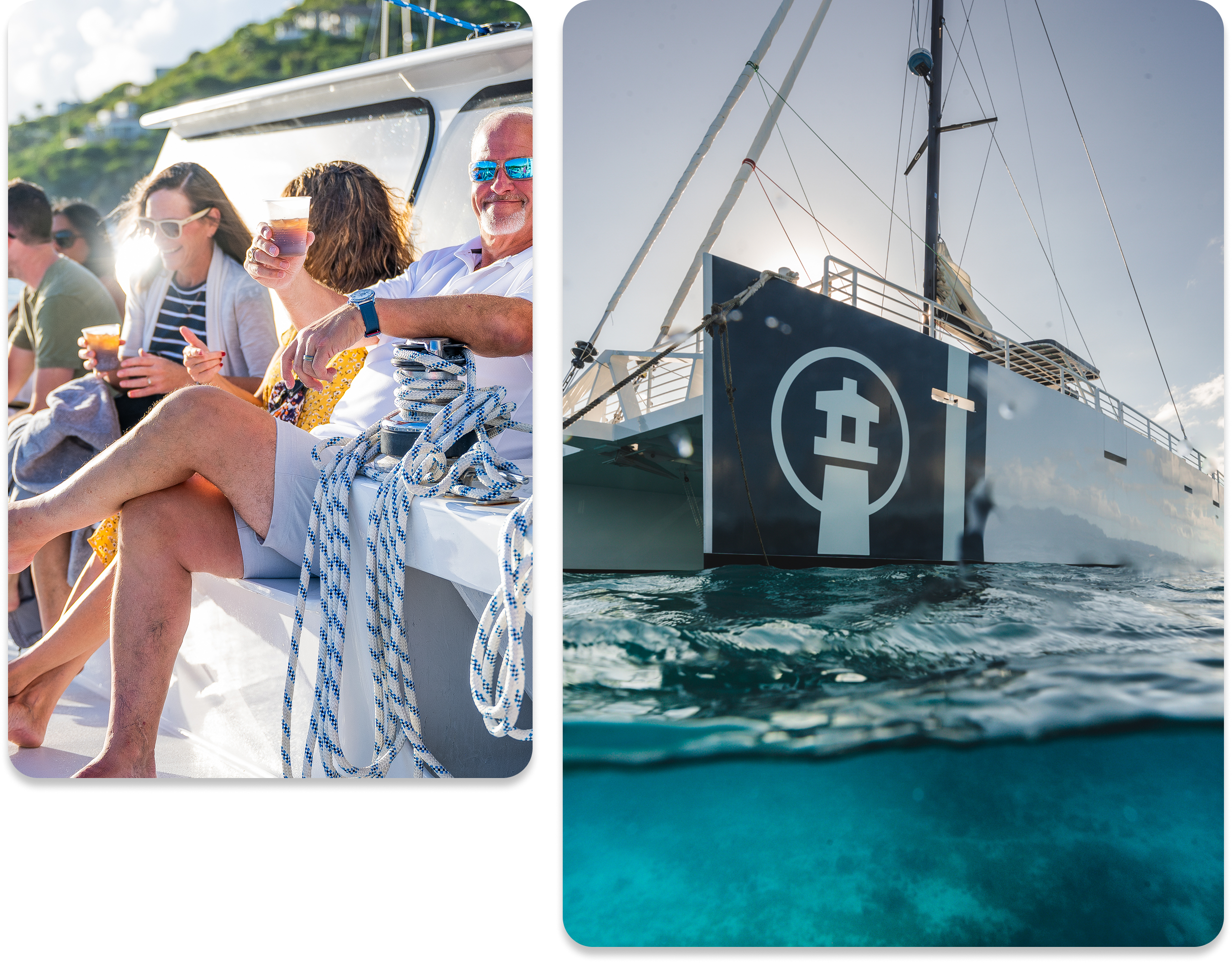 People relaxing with drinks on a boat; close-up of a sailboat with a logo, partially submerged in water.