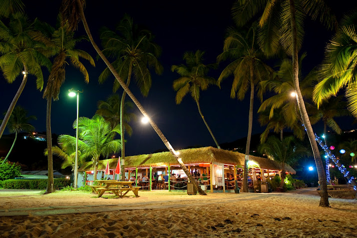 Beachside bar with palm trees at night, warmly lit under a dark sky.