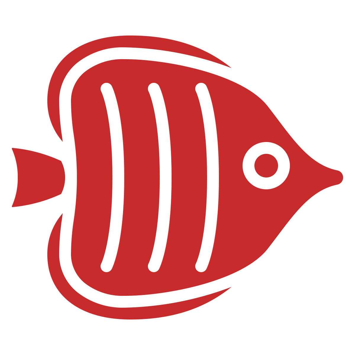 Red stylized fish with stripes and a round eye.