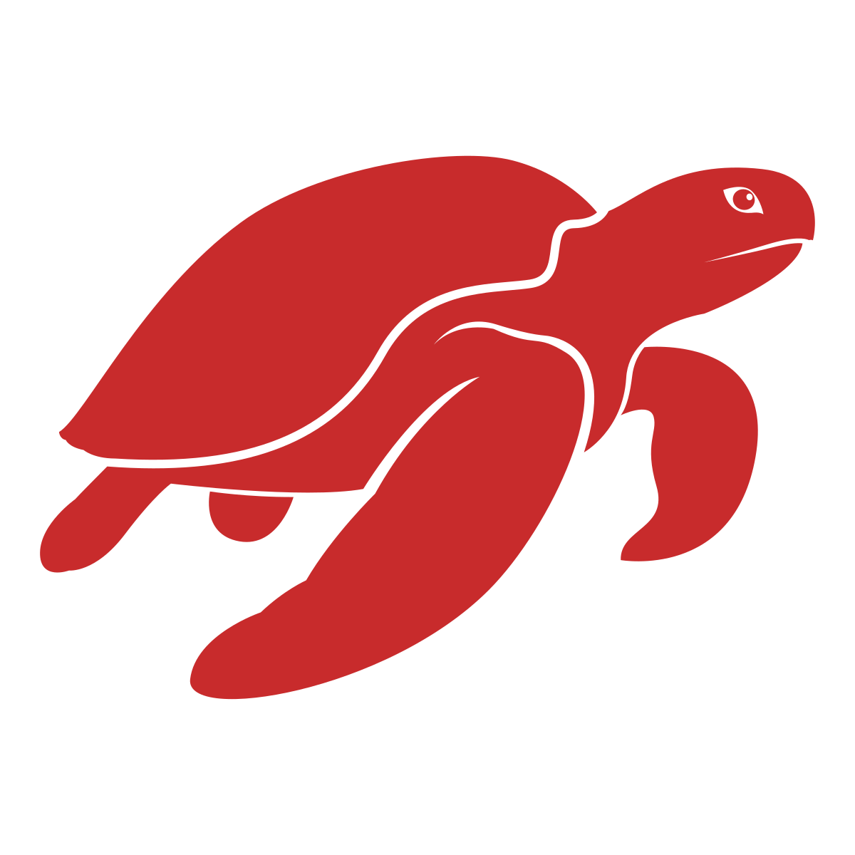 Red silhouette of a turtle swimming to the right on a transparent background.