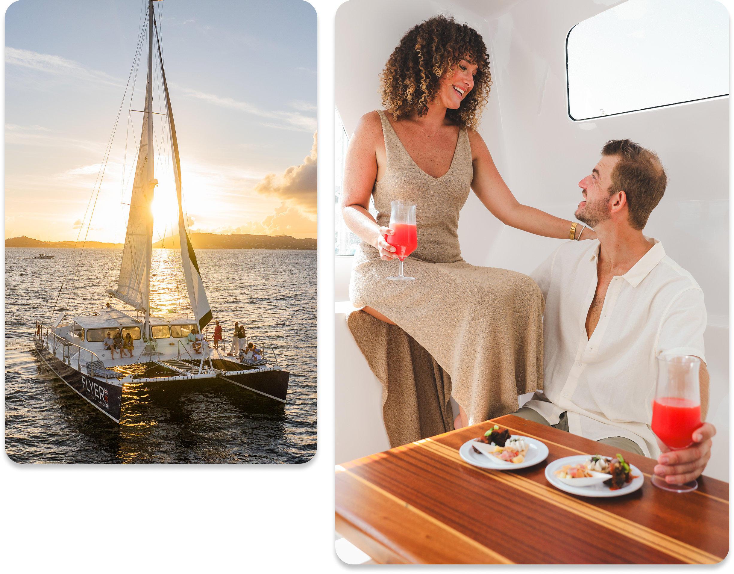 Couple enjoying drinks on a yacht, with a sailboat at sunset in the background.