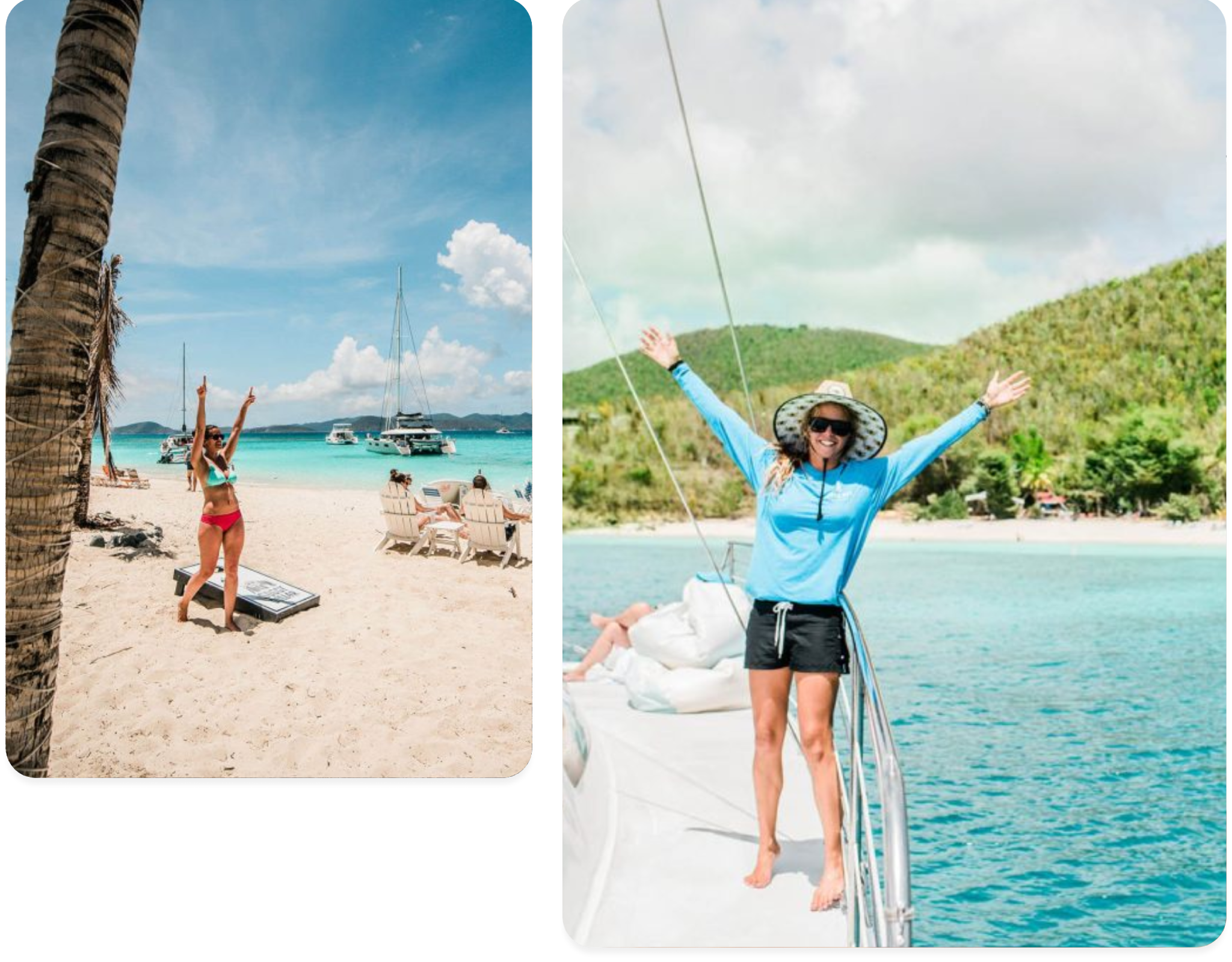 Two images: person on a beach near palm tree and person on a boat with arms raised, both under clear sky.