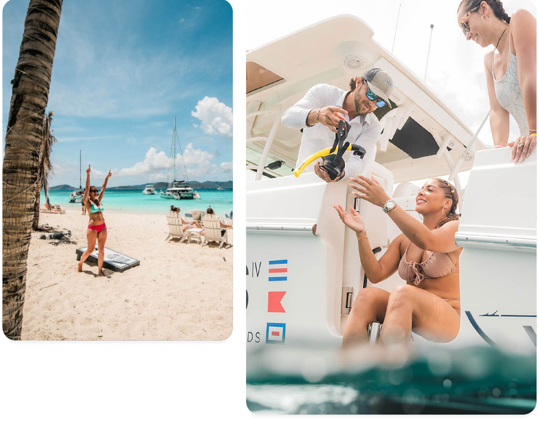 Woman enjoys beach under palm tree; people on boat take photos.