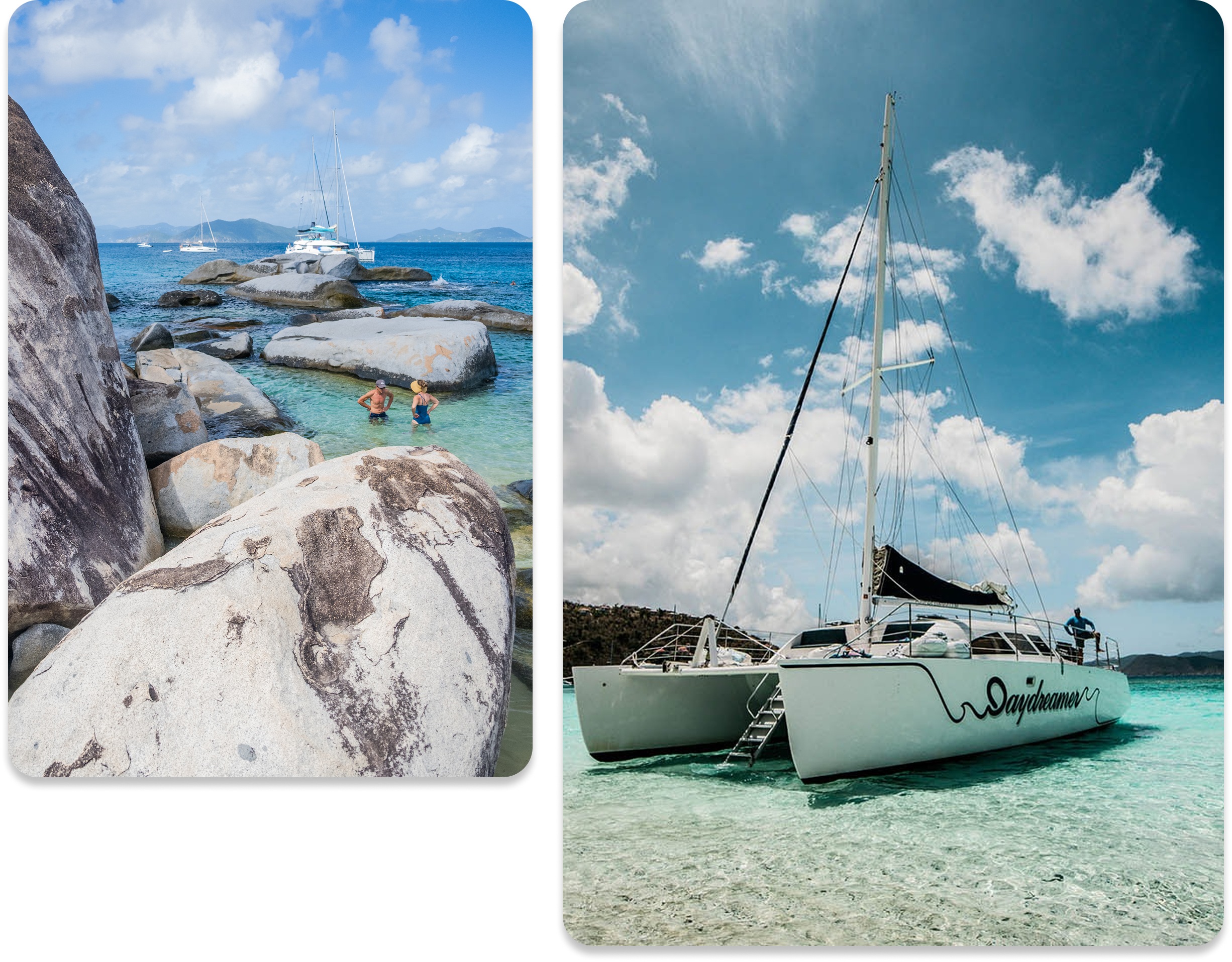 Two images: left shows people swimming near rocks, right shows a catamaran in clear water.